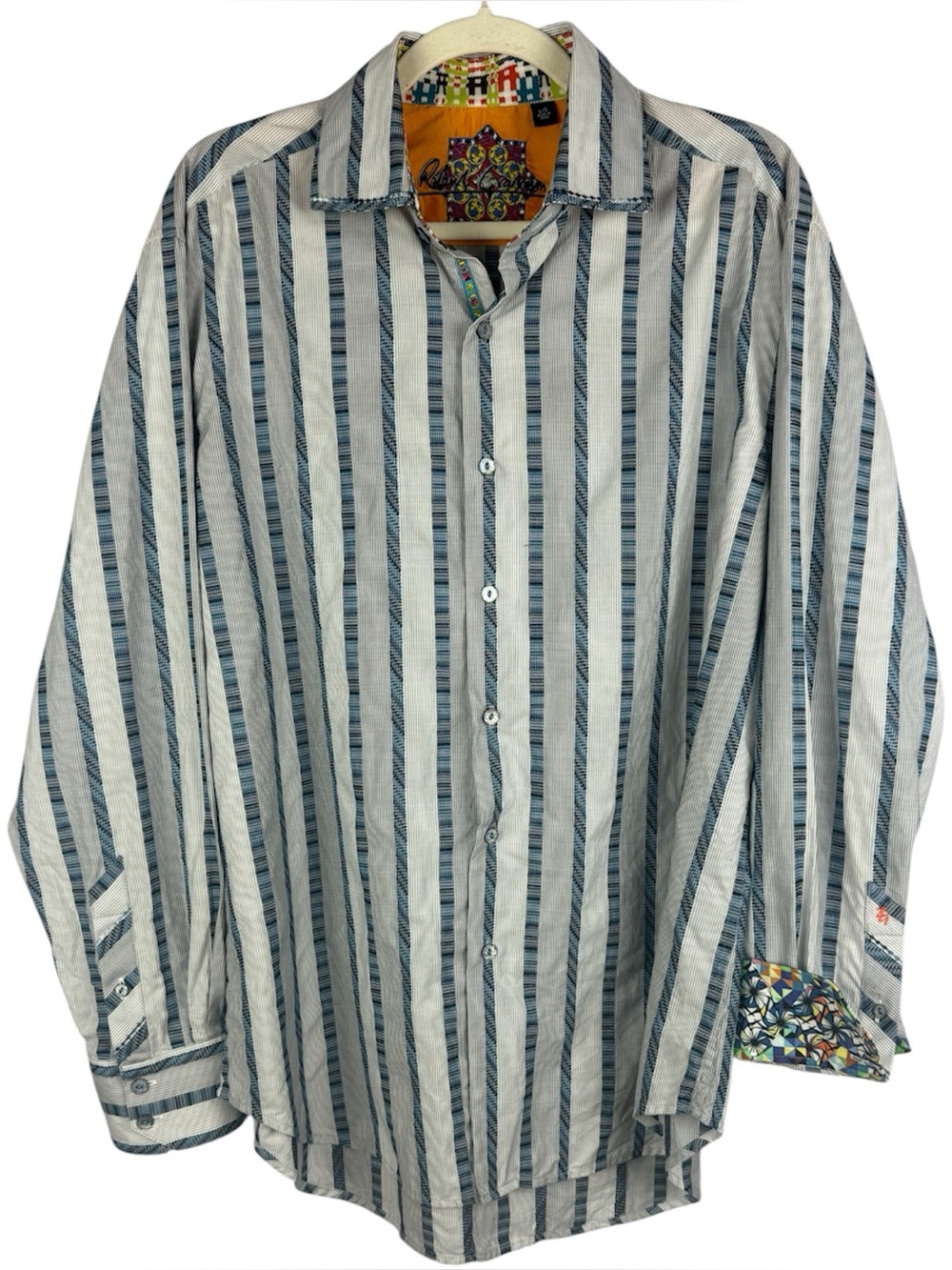 Robert Graham L Mens Vertical Stripe Long Sleeve Shirt Retro Geo Contrast Cuffs